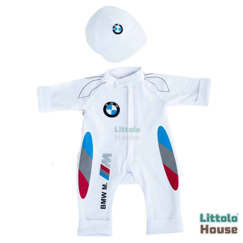 Baby Motorcycle Riding Racing Costume Romper & Cap O166 | NB | White