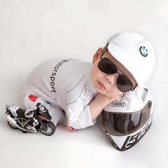 Baby Motorcycle Riding Racing Costume Romper & Cap O166 | NB | White