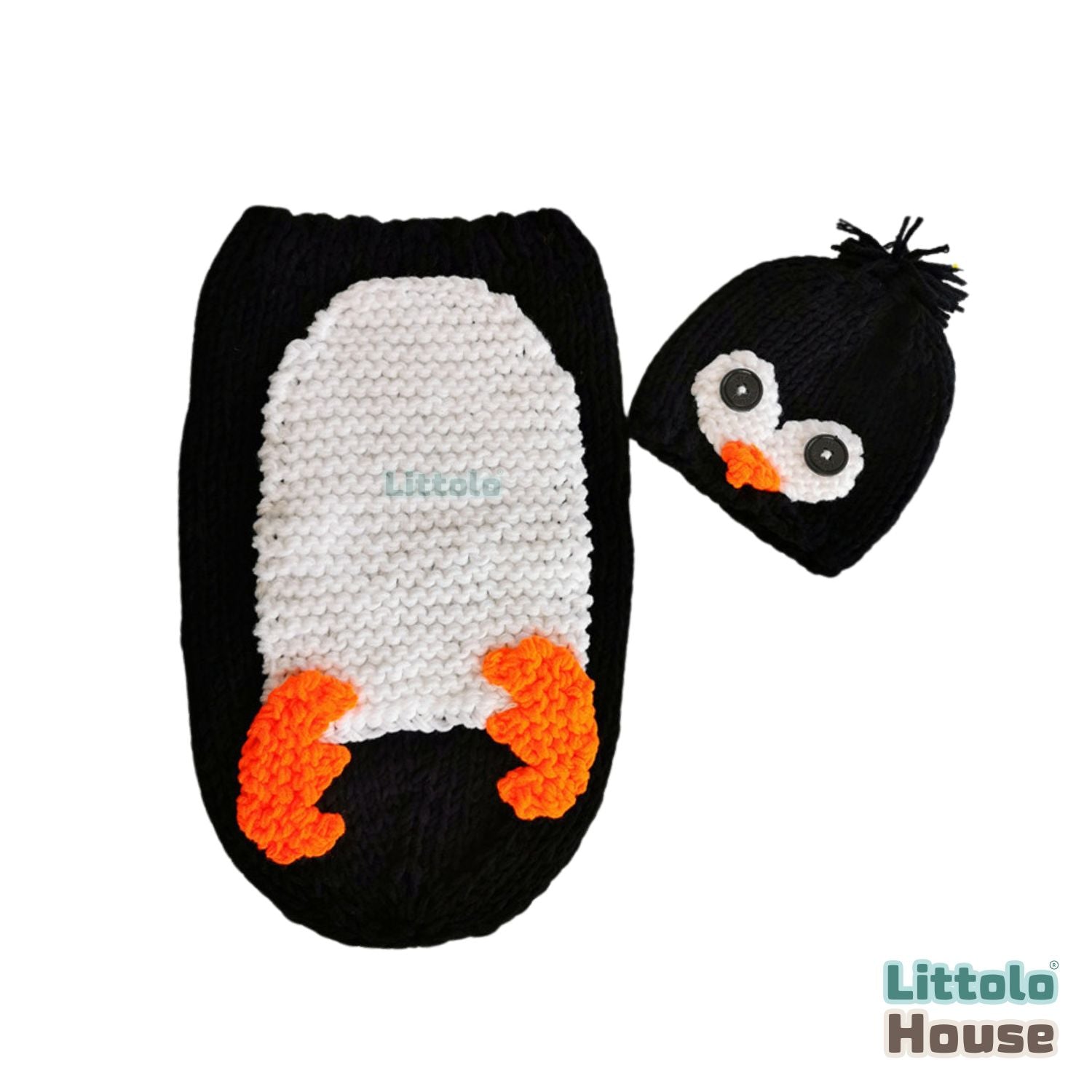 Baby Wool Knit Crochet Penguin Sleeping Bag with Hat O178 | NB | Black White