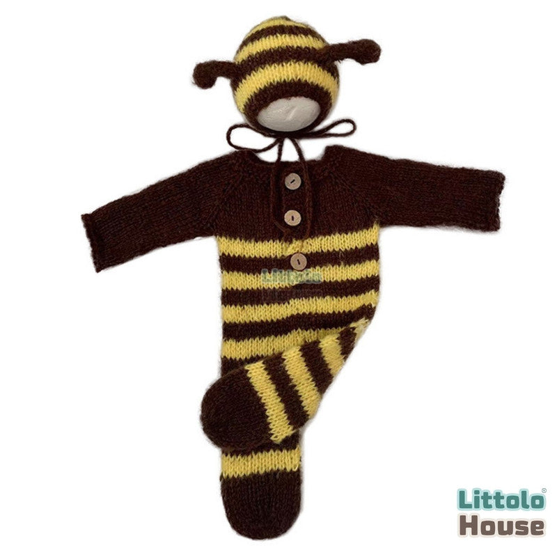 Baby Wool Knit Bee Romper with Bonnet O179 | NB | Yellow Brown