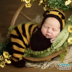 Baby Wool Knit Bee Romper with Bonnet O179 | NB | Yellow Brown