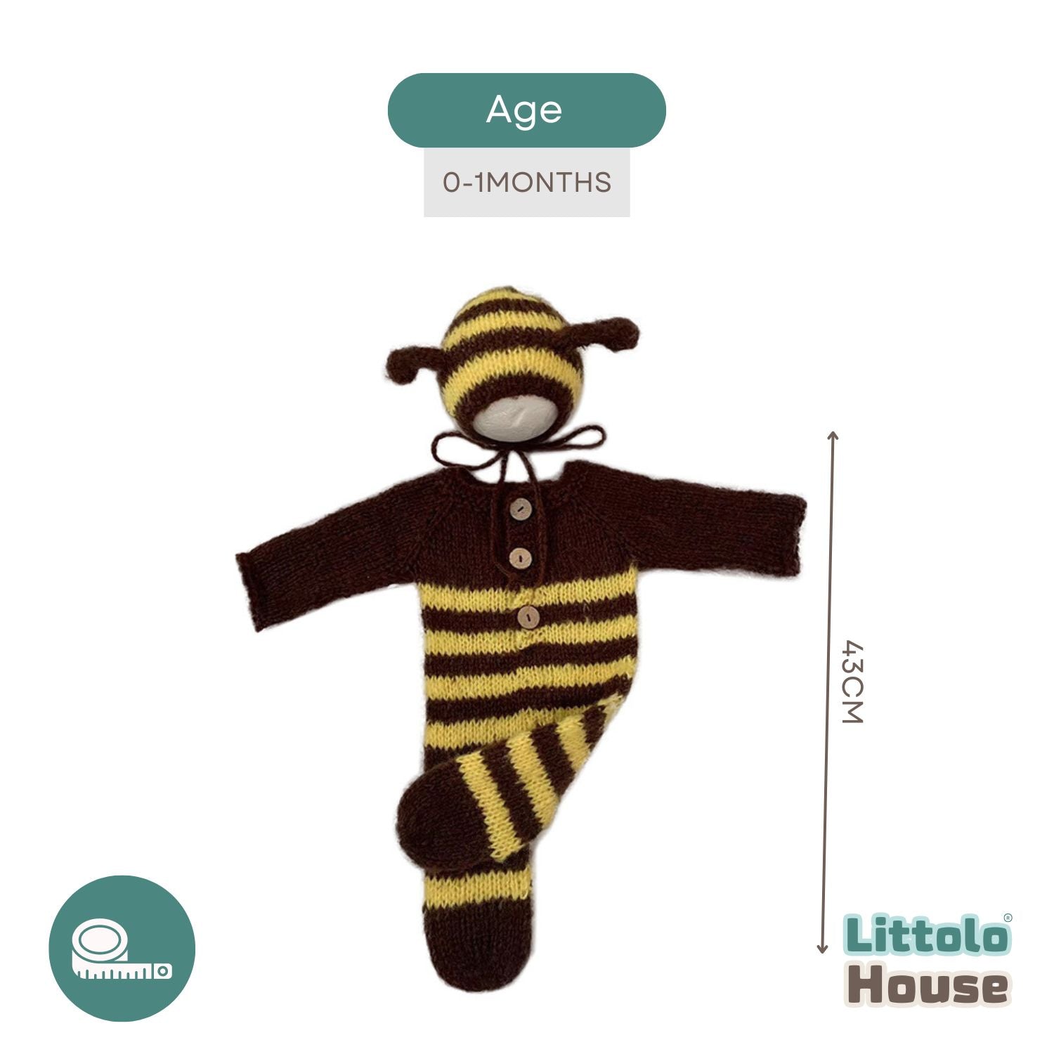 Baby Wool Knit Bee Romper with Bonnet O179 | NB | Yellow Brown