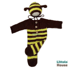 Baby Wool Knit Bee Romper with Bonnet O179 | NB | Yellow Brown
