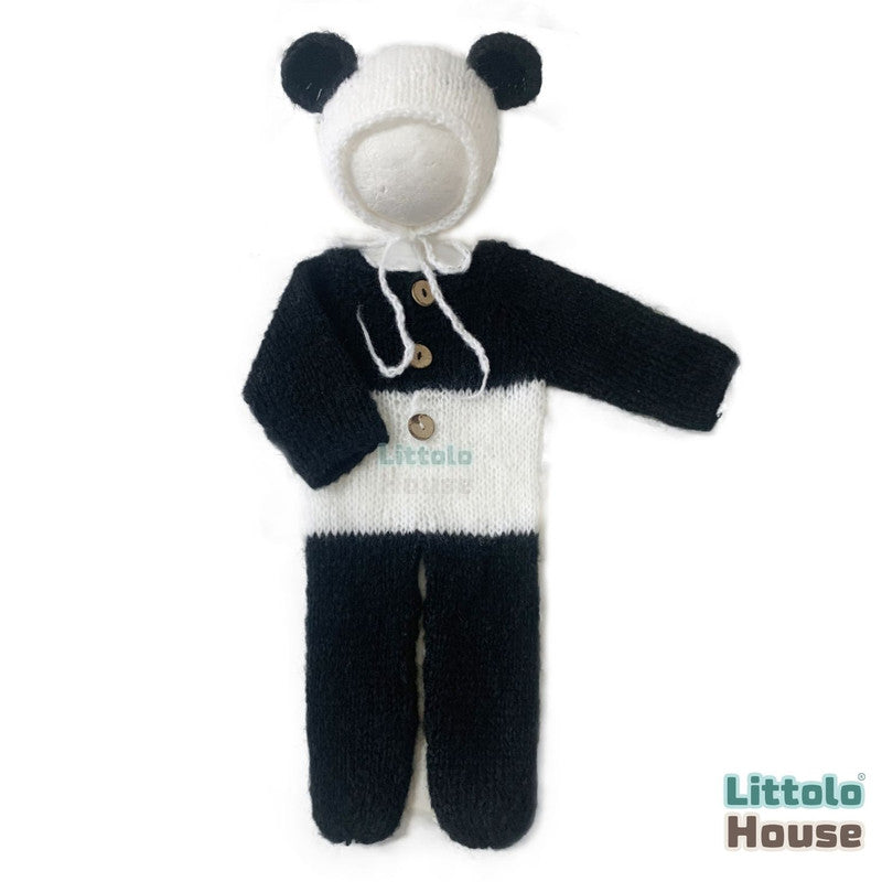 Baby Wool Knit Panda Romper with Bonnet O180 | NB | Black White