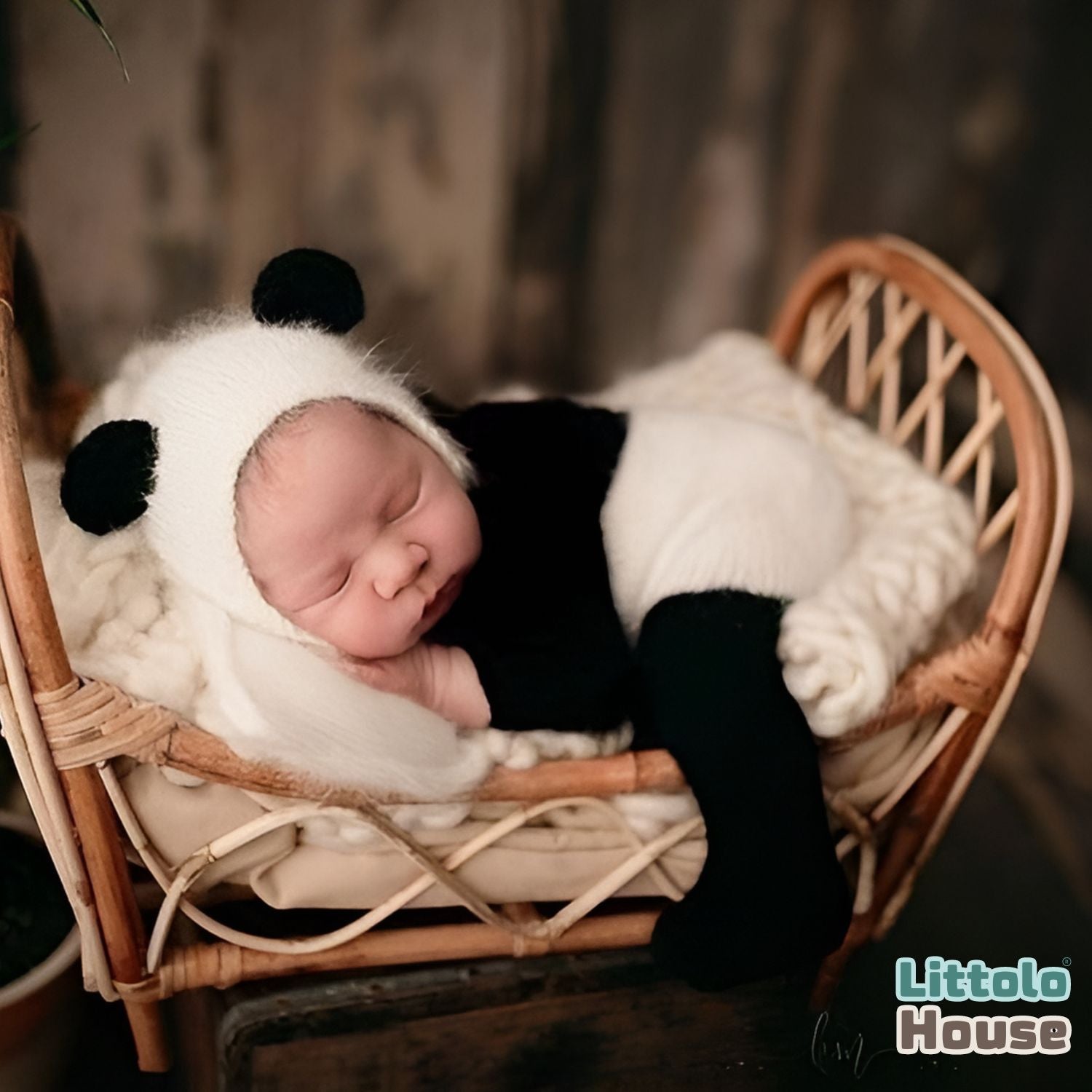 Baby Wool Knit Panda Romper with Bonnet O180 | NB | Black White