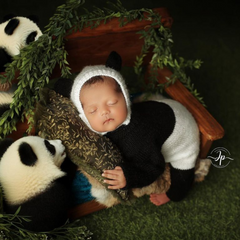 Baby Wool Knit Panda Romper with Bonnet O180 | NB | Black White