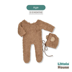 Baby Ultra Soft Fleece Romper with Bear Bonnet O231 | 3M | Brown