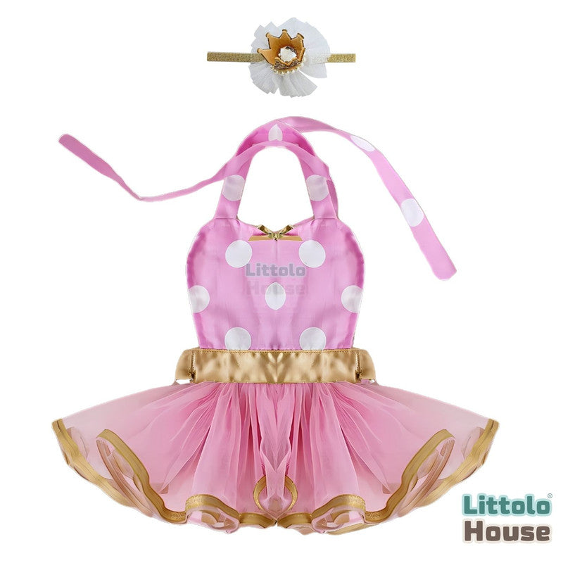 Baby Girl Princess Lace Outer Apron Frock with Crown Headband O184 | 6M | Pink