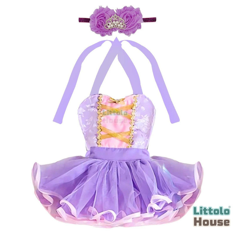 Baby Girl Snow Rapunzell Lace Outer Apron Frock with Headband O187 | 6M | Purple