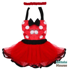 Baby Girl Minnie Lace Outer Apron Frock with Crown Headband O189 | 6M | Red