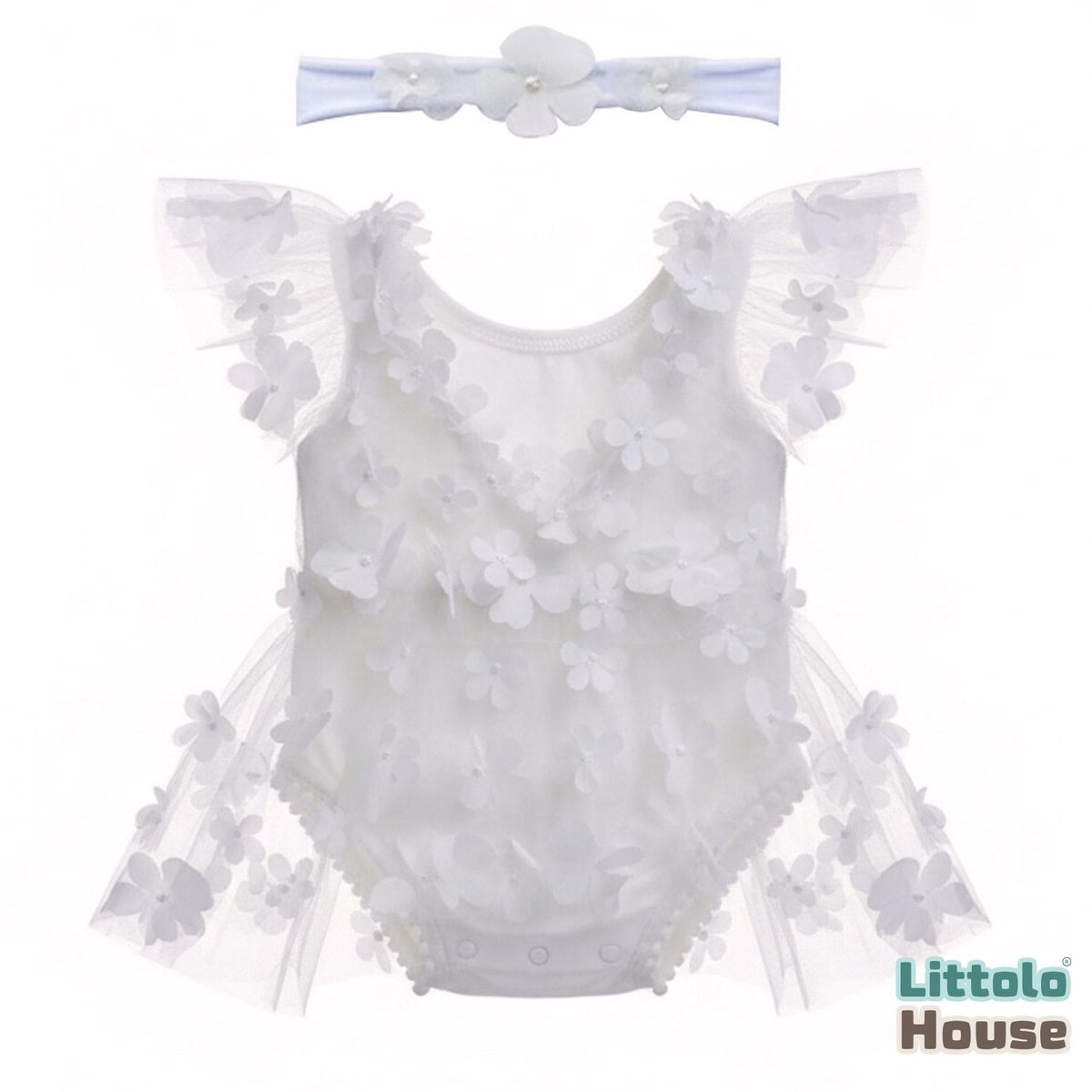 Baby Girl Net Lace Romper with Headband O208 | 3M | White