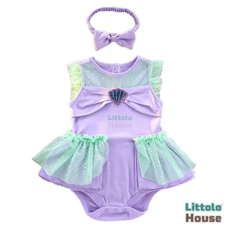 Baby Girl Mermaid Princess Romper Costume Onesie with Headband O215 | 1Y | Multicolour