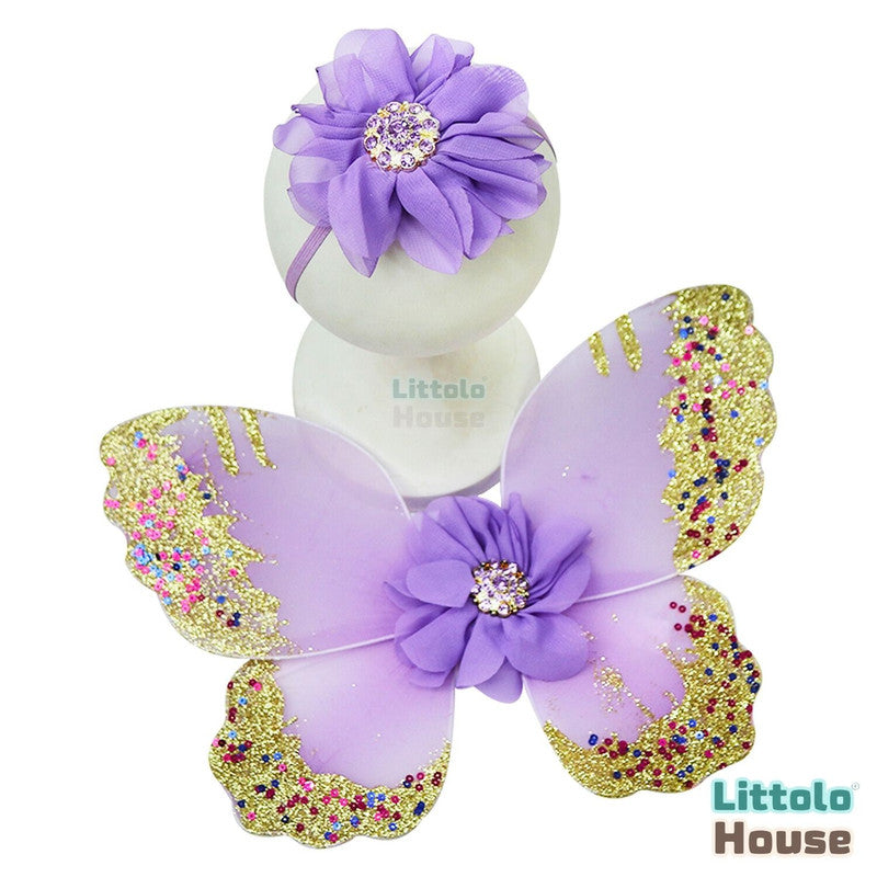 Baby Girl Butterfly Wings with Flower Headband O219 | NB | Lavender