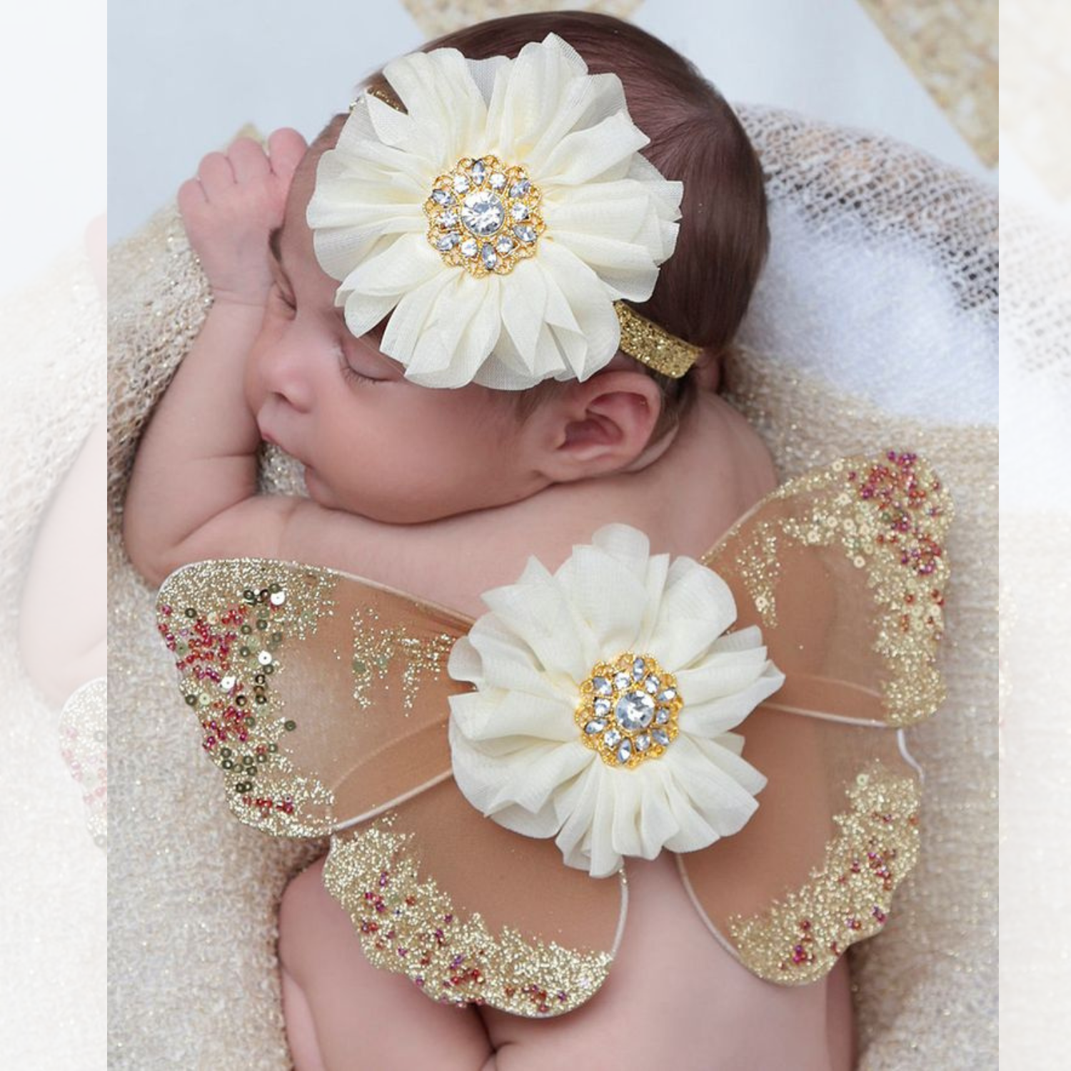 Baby Girl Butterfly Wings with Flower Headband O219 | NB | Beige