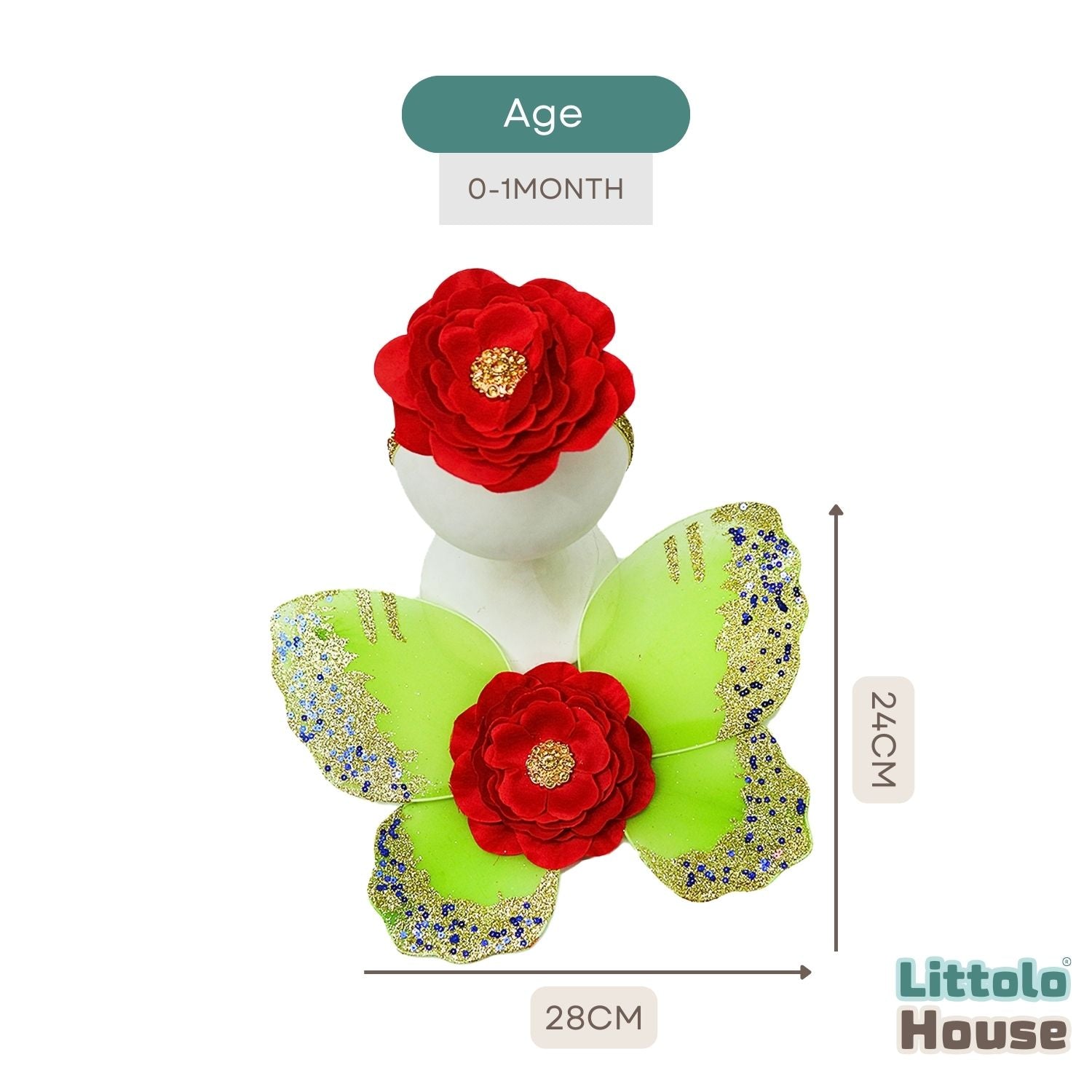 Baby Girl Butterfly Wings with Flower Headband O219 | NB | Green Red