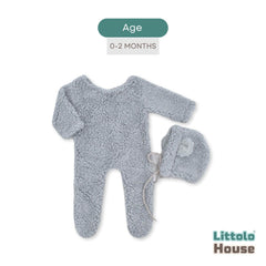 Baby Ultra Soft Fleece Romper with Bear Bonnet O231 | 2M | Grey