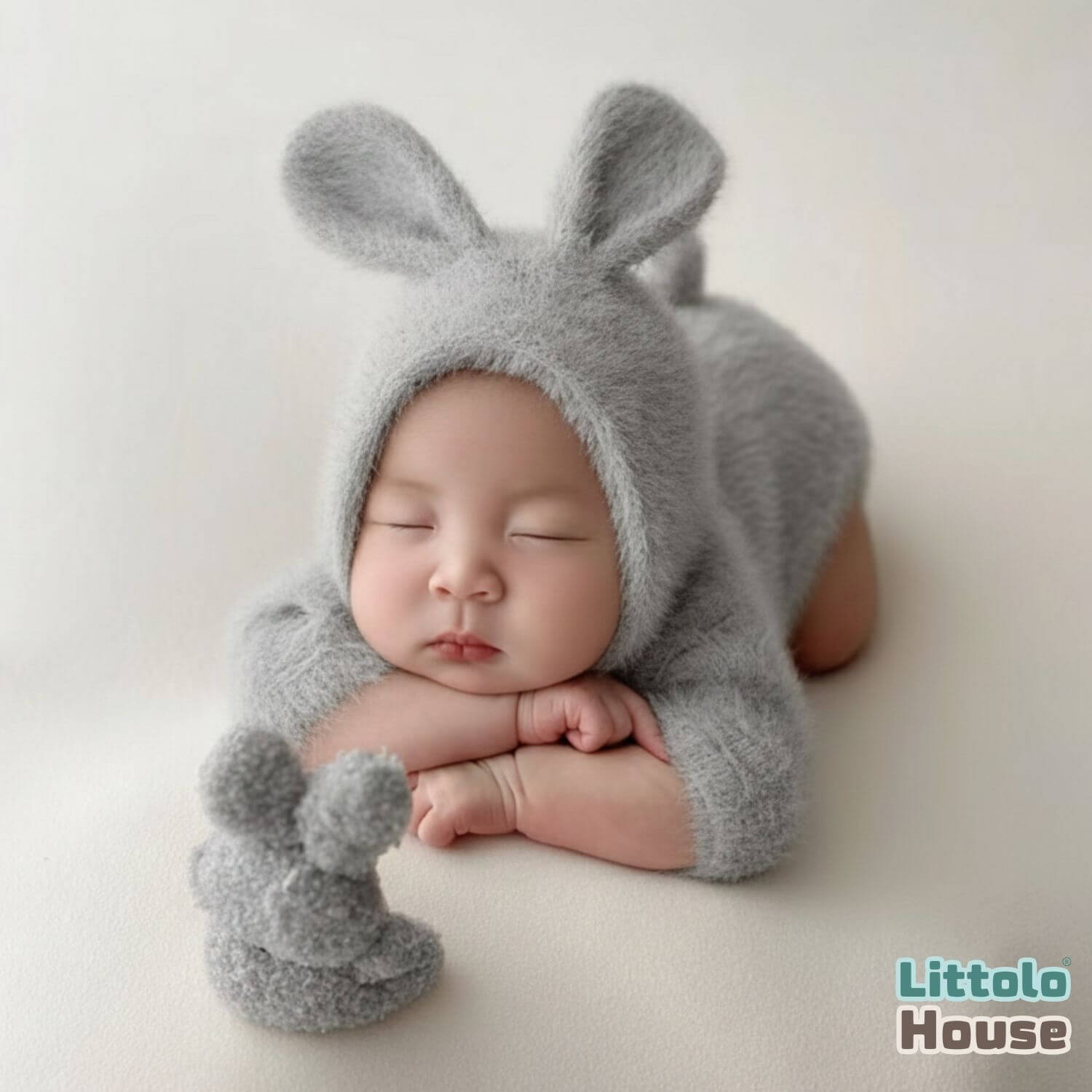 Baby Premium Furry Romper with Bunny Bonnet O232 | 3M | Light Grey