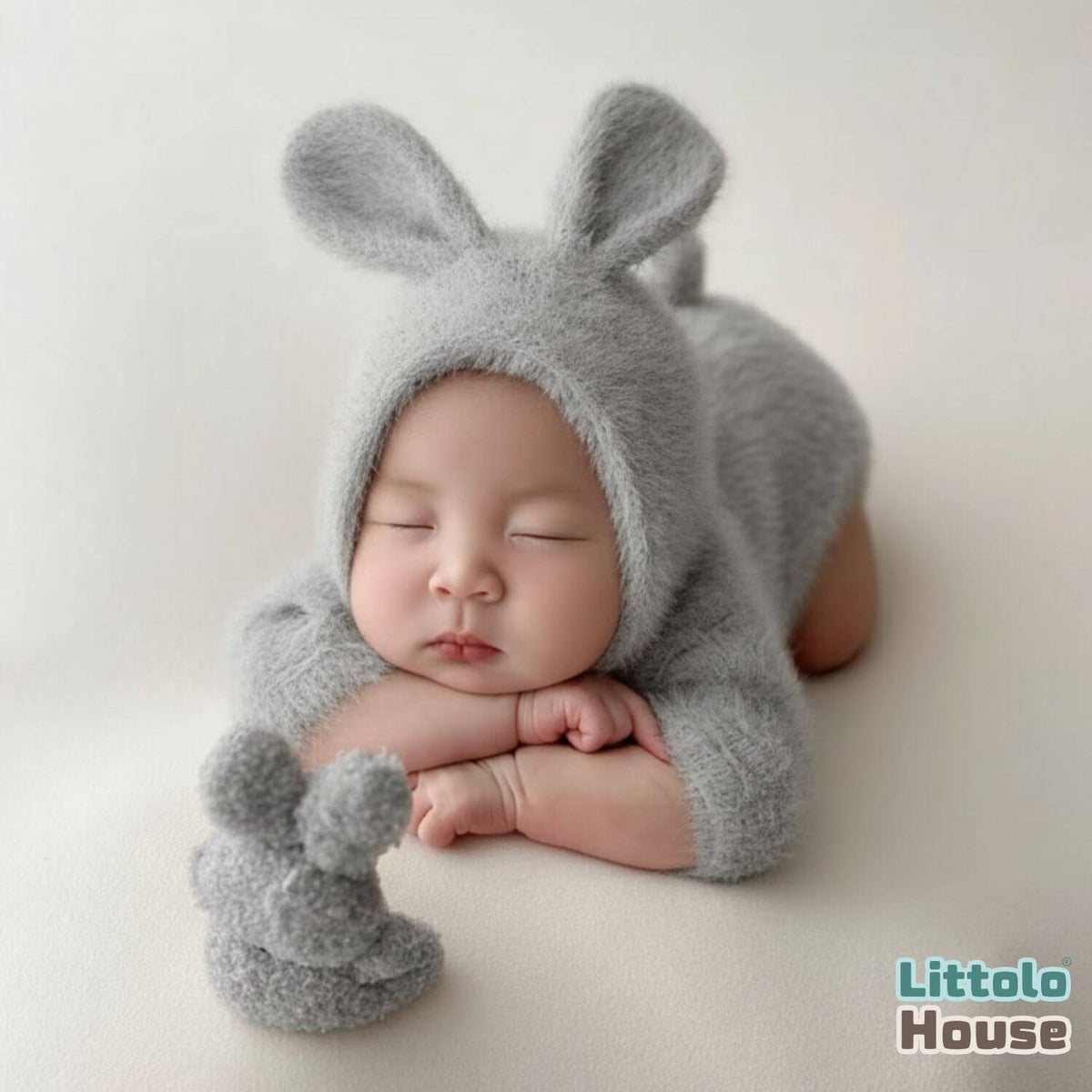 Baby Premium Furry Romper with Bunny Bonnet O232 | 3M | Light Grey