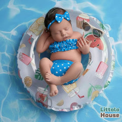 Baby Girl Polka Dot Ruffle Tube Top & Bloomer Outfit with Bow Headband O233 | NB | Sky