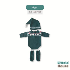 Baby Christmas Knitted Romper with Sleepy Hat & Socks O236 | 3M | Dark Green