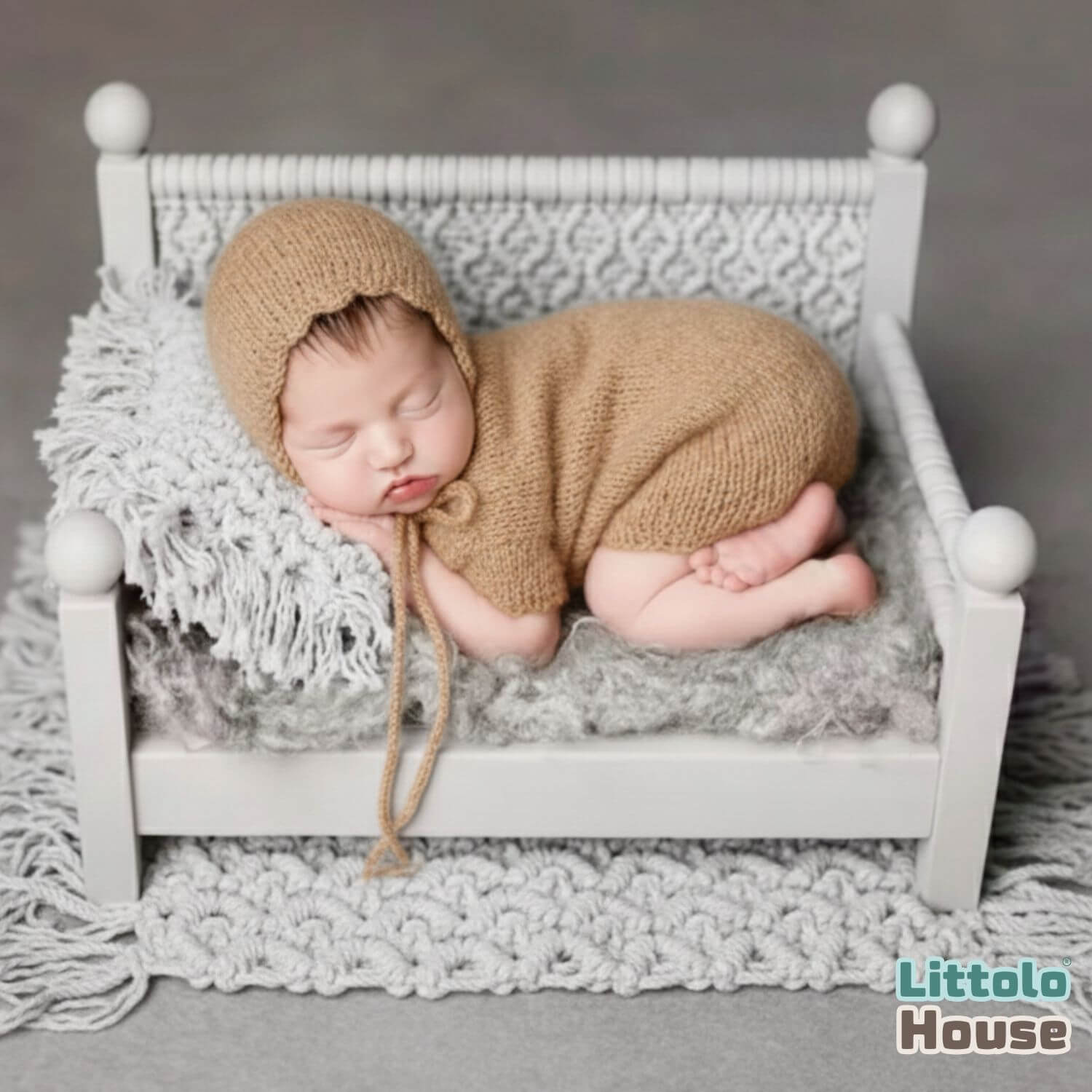 Baby Cozy Knit Romper with Bonnet O240 | NB | Brown