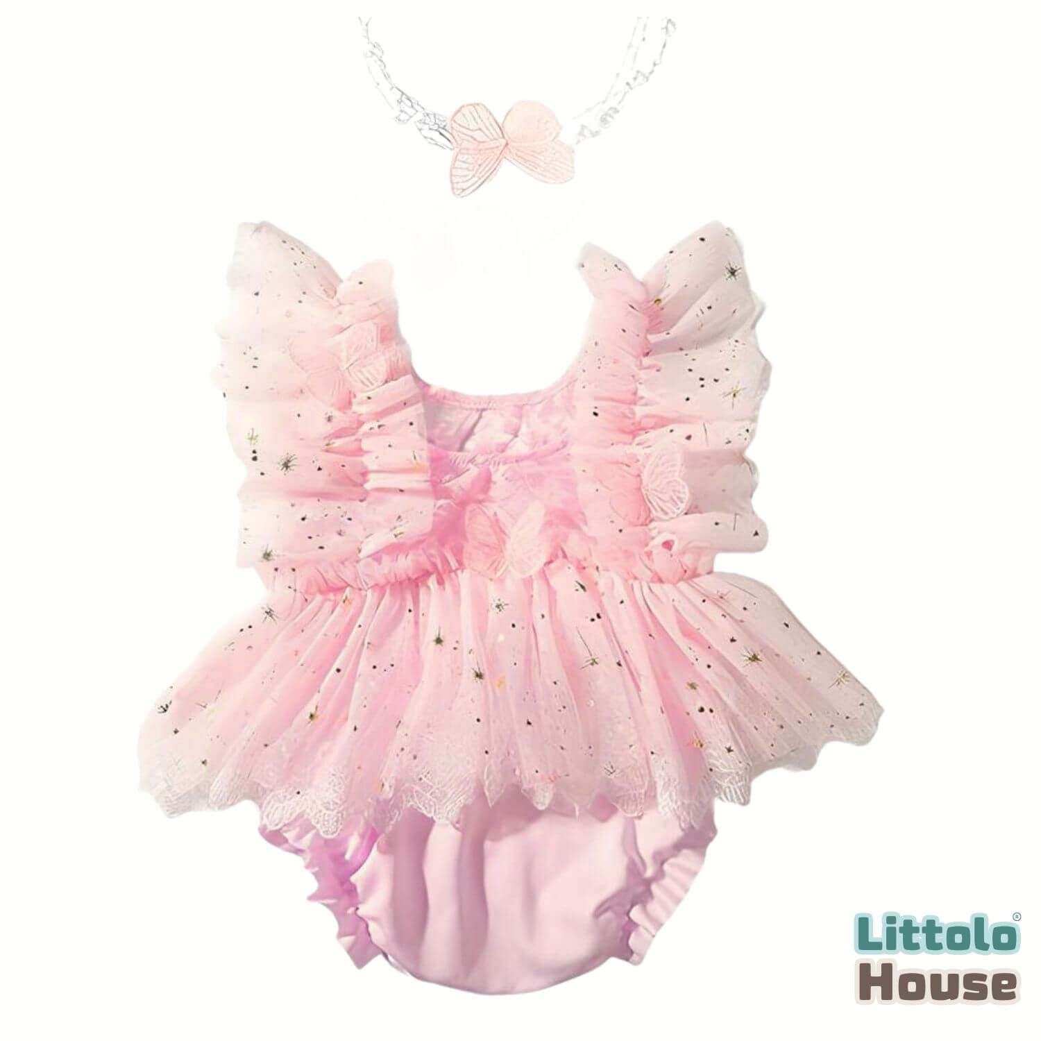 Baby Girl Butterfly Mesh Romper with Headband O241 | 2M | Light Pink