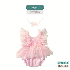 Baby Girl Butterfly Mesh Romper with Headband O241 | 2M | Light Pink