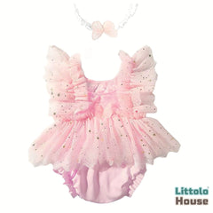 Baby Girl Butterfly Mesh Romper with Headband O241 | 2M | Light Pink