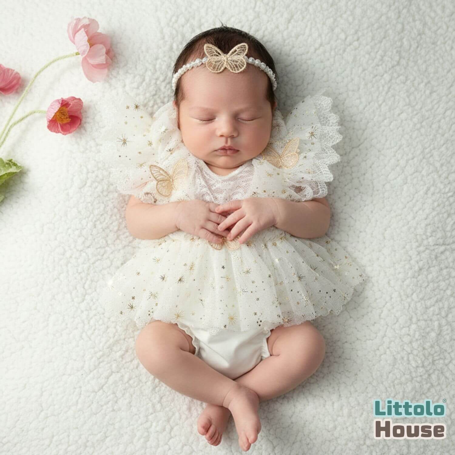 Baby Girl Butterfly Mesh Romper with Headband O241 | 2M | Ivory