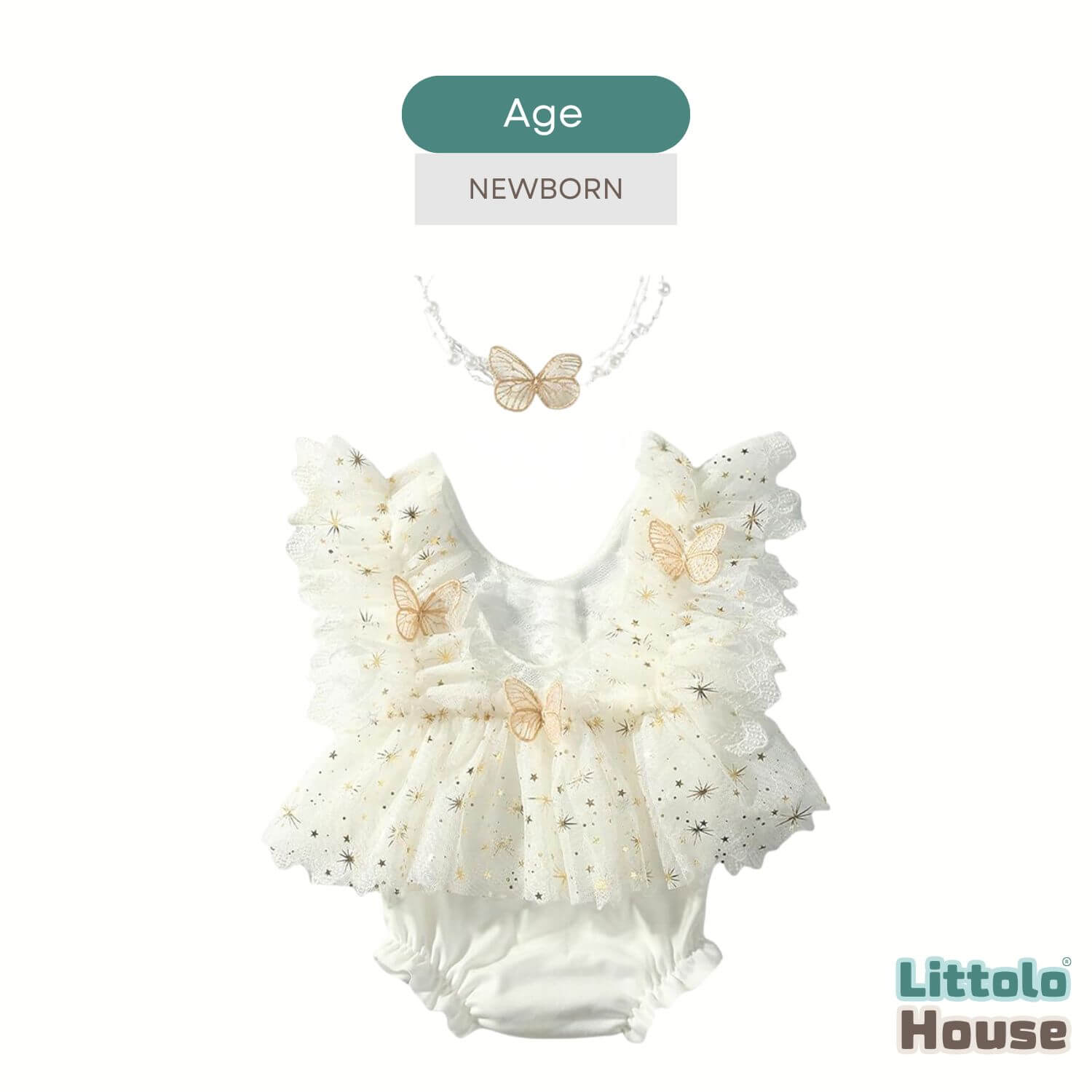 Baby Girl Butterfly Mesh Romper with Headband O241 | 2M | Ivory