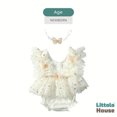 Baby Girl Butterfly Mesh Romper with Headband O241 | 2M | Ivory
