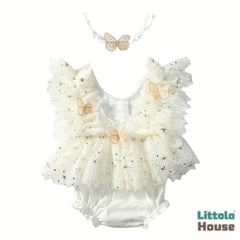 Baby Girl Butterfly Mesh Romper with Headband O241 | 2M | Ivory