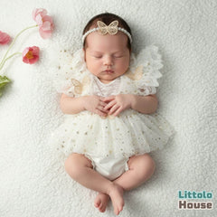 Baby Girl Butterfly Mesh Romper with Headband O241 | 2M | Ivory