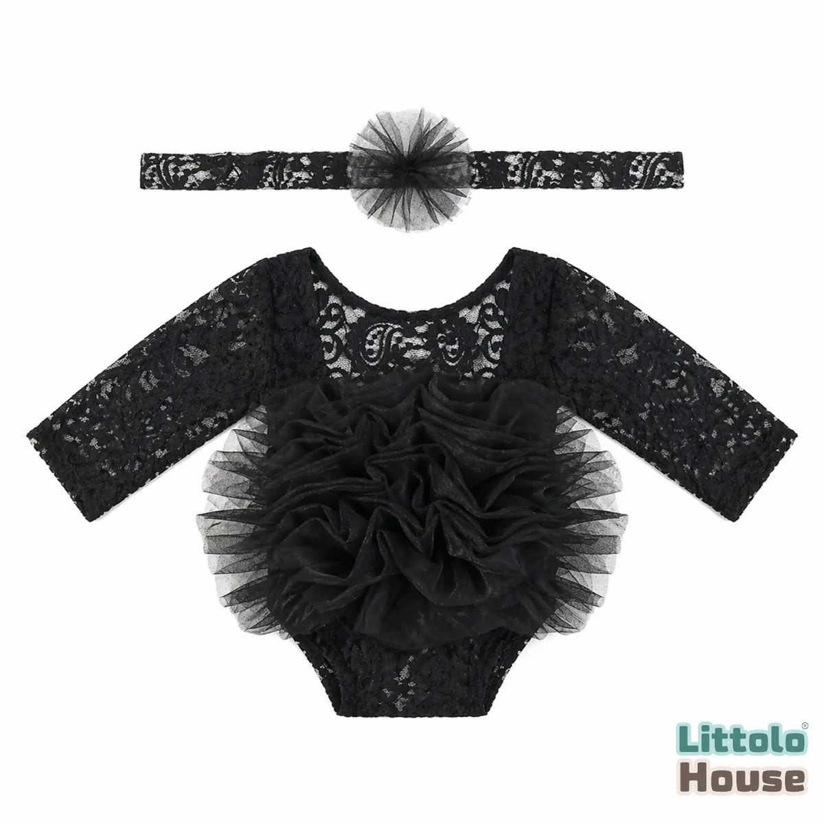 Baby Girl Flower Net Lace Romper with Headband O242 | 3M | Black