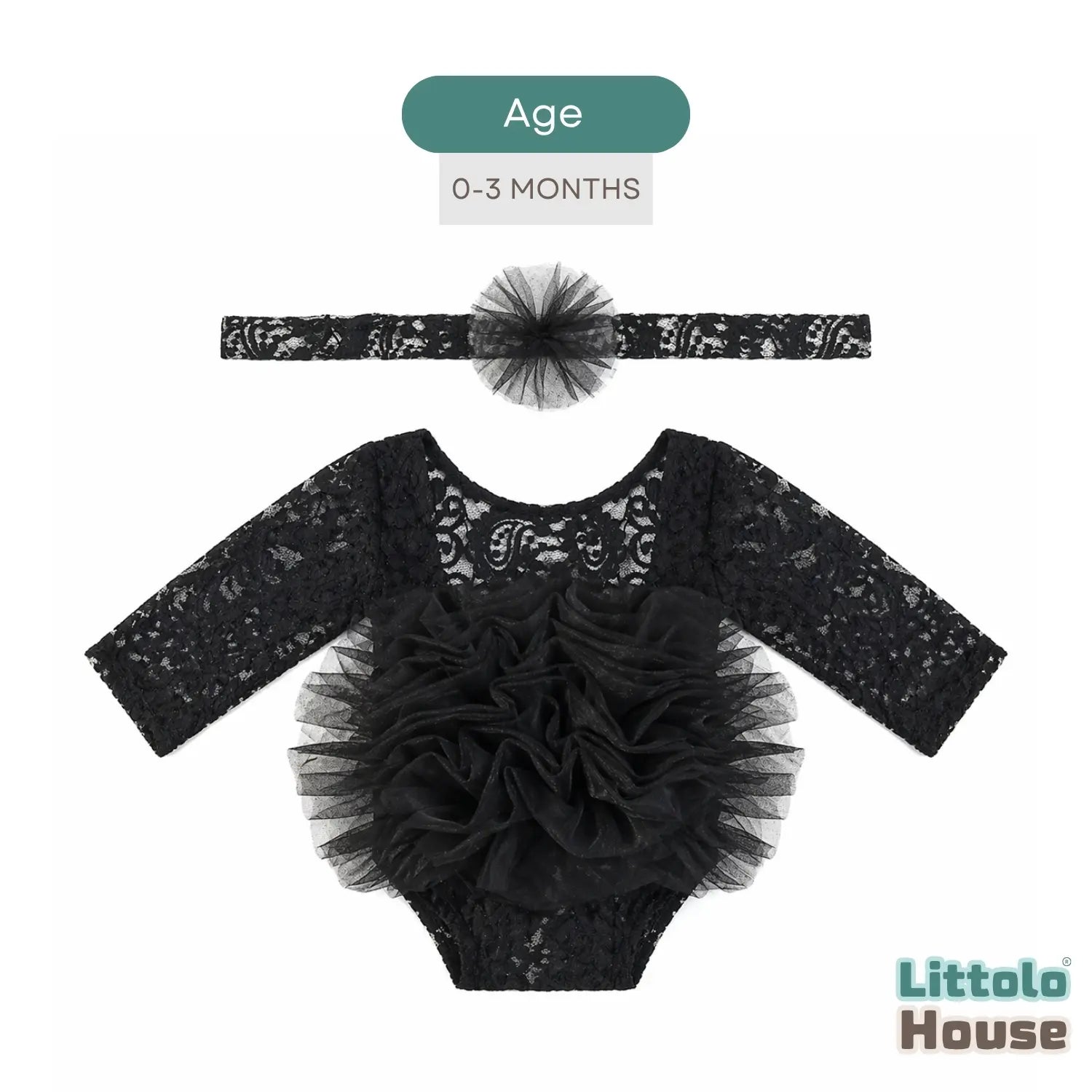 Baby Girl Flower Net Lace Romper with Headband O242 | 3M | Black