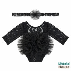 Baby Girl Flower Net Lace Romper with Headband O242 | 3M | Black
