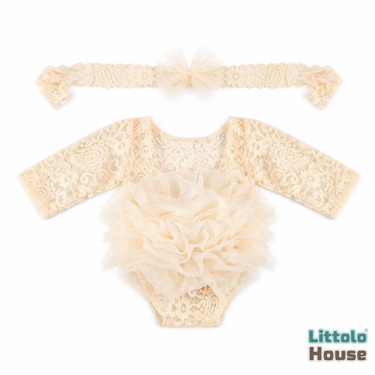 Baby Girl Flower Net Lace Romper with Headband O242 | 3M | Cream