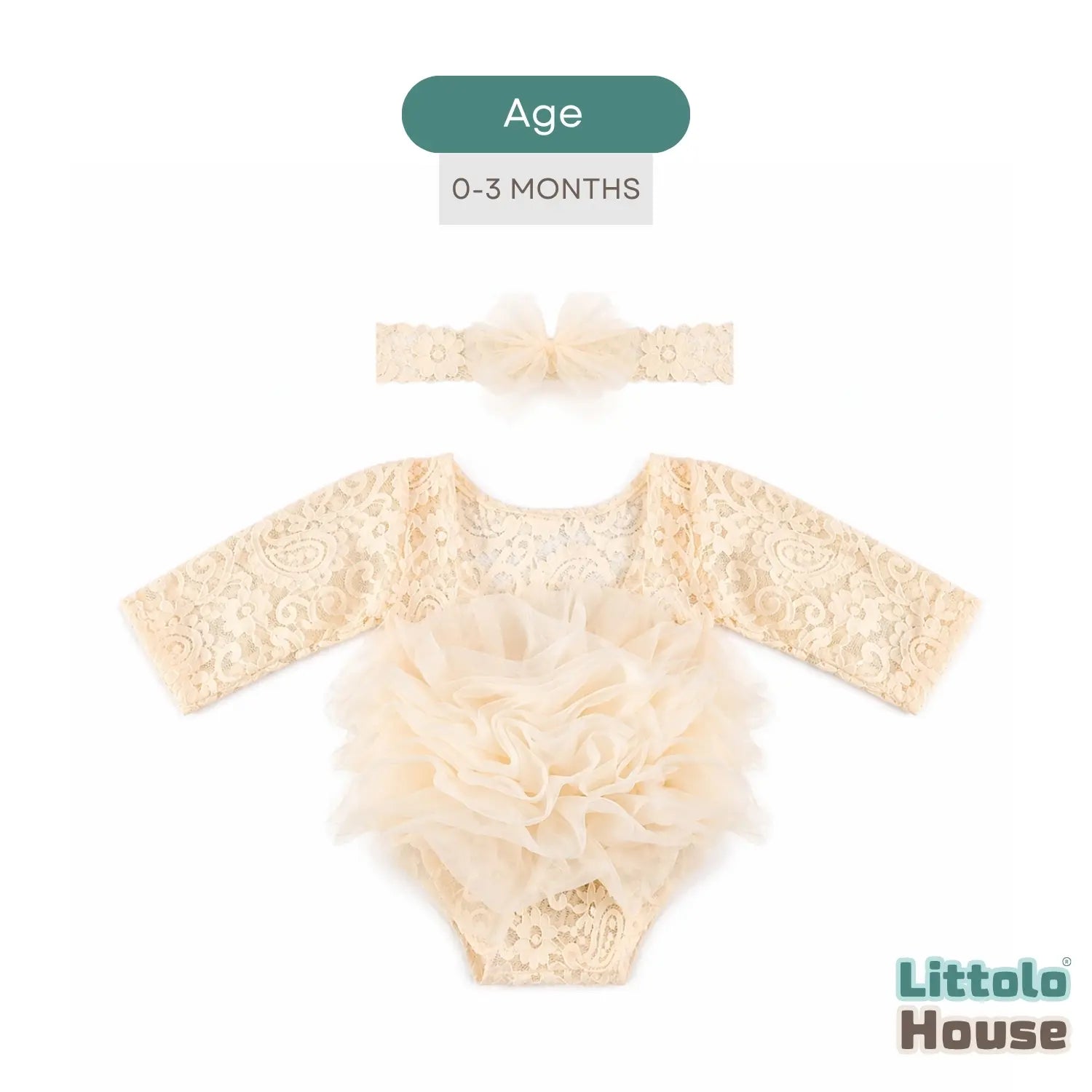 Baby Girl Flower Net Lace Romper with Headband O242 | 3M | Cream