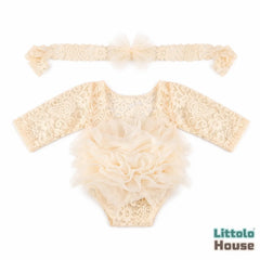 Baby Girl Flower Net Lace Romper with Headband O242 | 3M | Cream