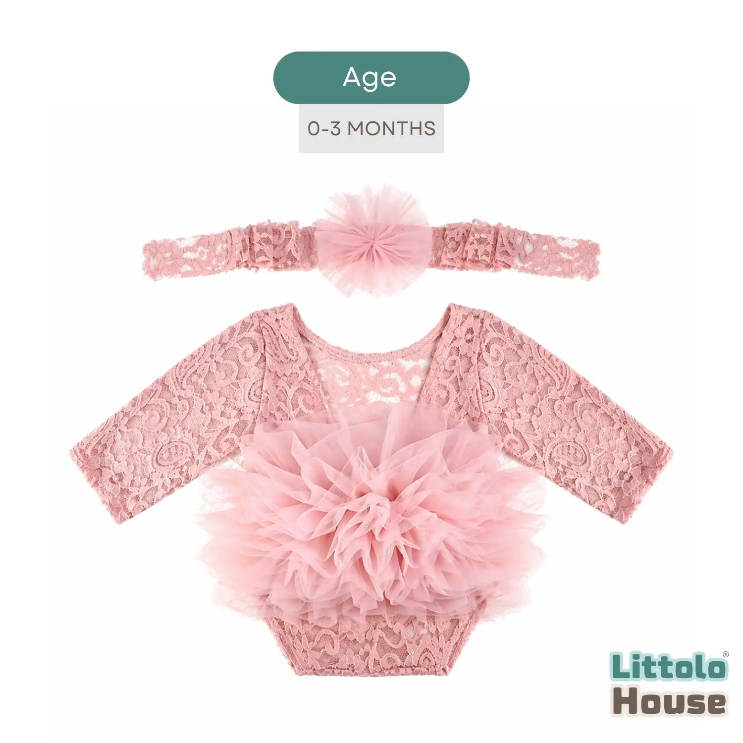 Baby Girl Flower Net Lace Romper with Headband O242 | 3M | Dusty Pink