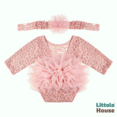 Baby Girl Flower Net Lace Romper with Headband O242 | 3M | Dusty Pink