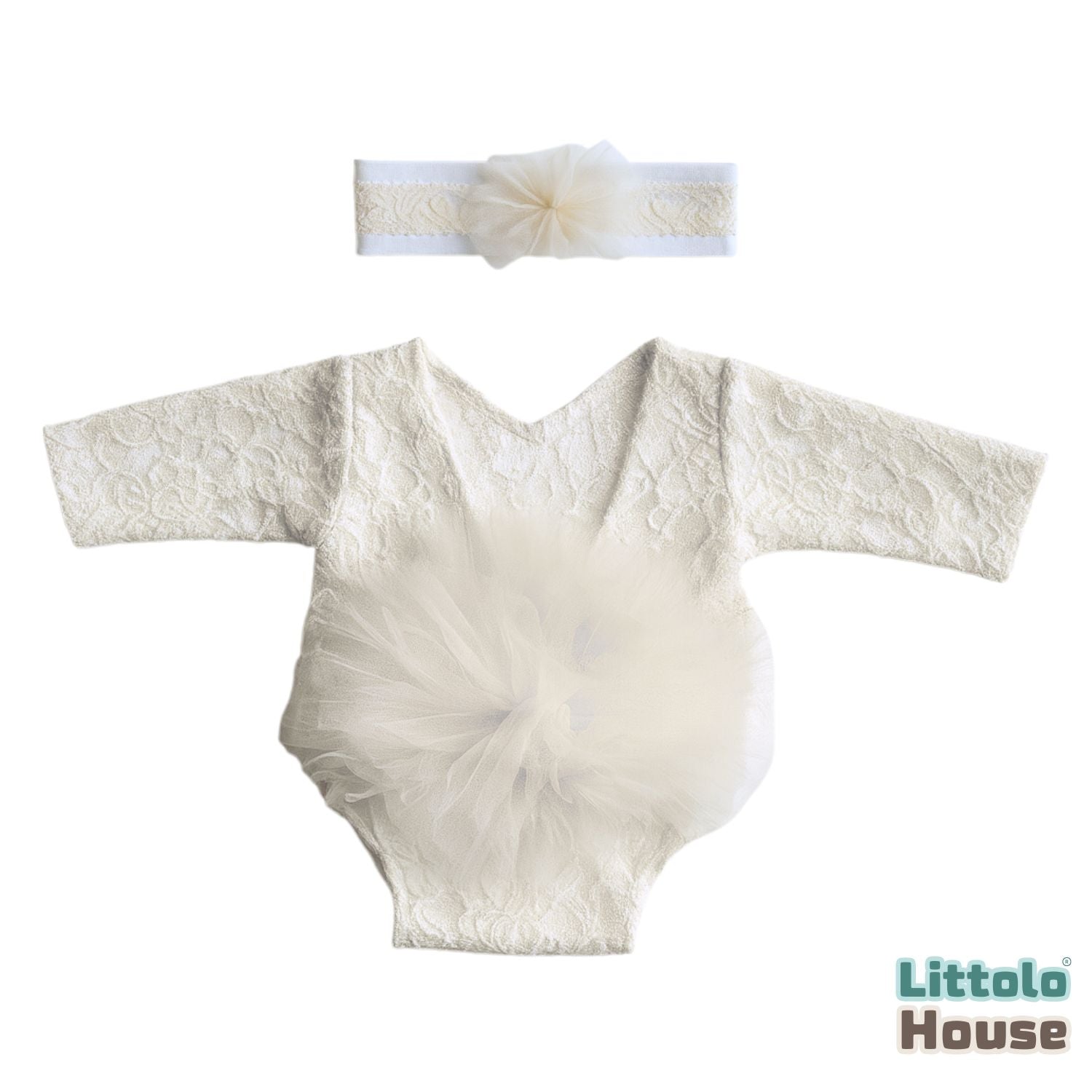 Baby Girl Flower Net Lace Romper with Headband O242 | 3M | Off White
