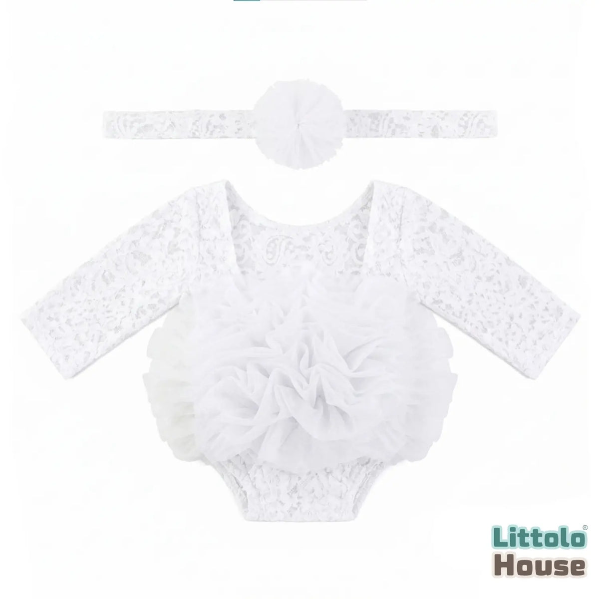 Baby Girl Flower Net Lace Romper with Headband O242 | 3M | White