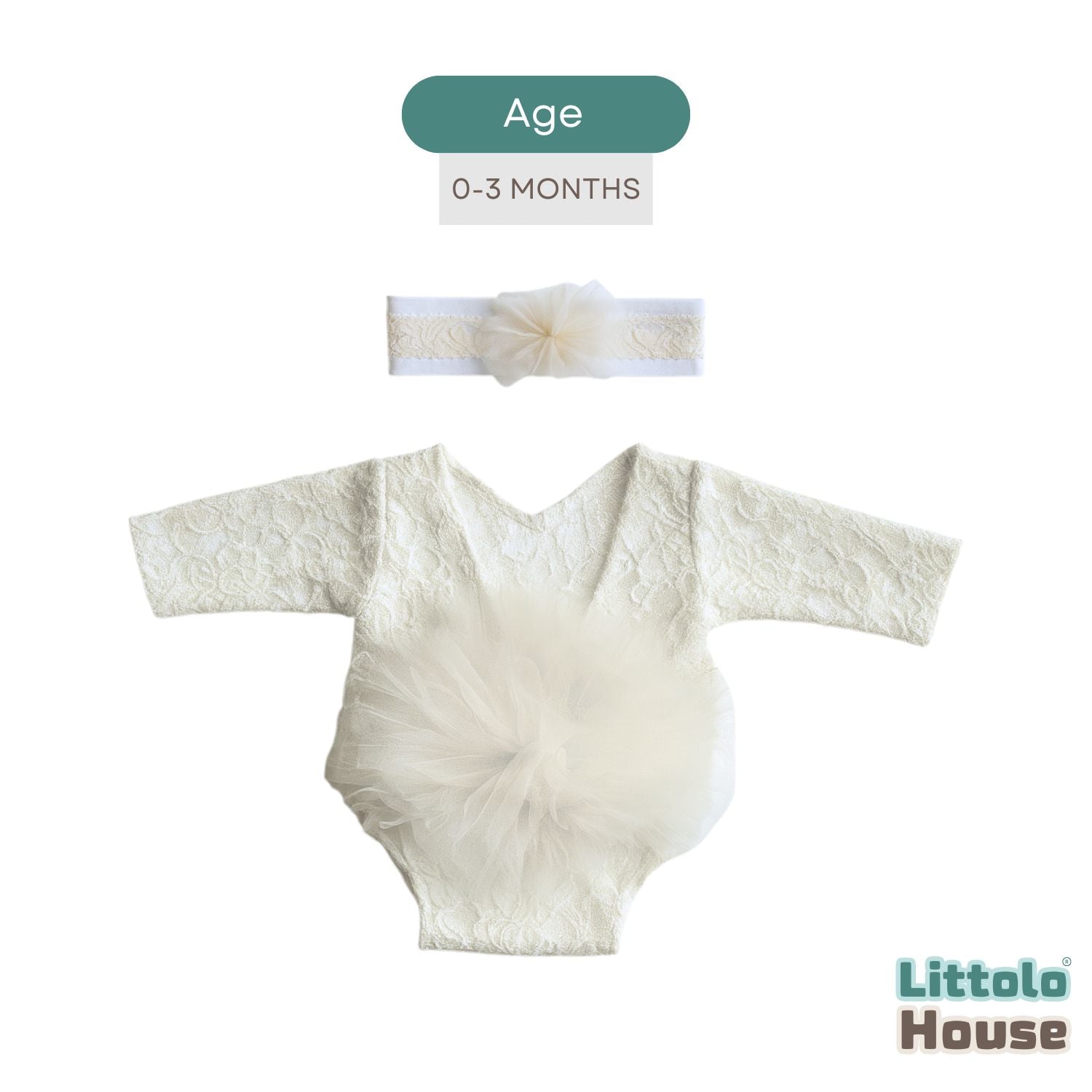 Baby Girl Flower Net Lace Romper with Headband O242 | 3M | Off White