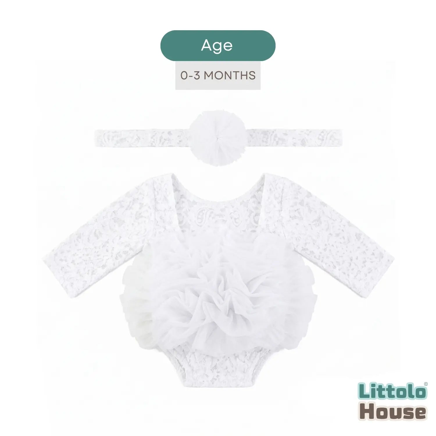 Baby Girl Flower Net Lace Romper with Headband O242 | 3M | White
