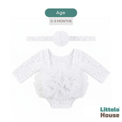 Baby Girl Flower Net Lace Romper with Headband O242 | 3M | White