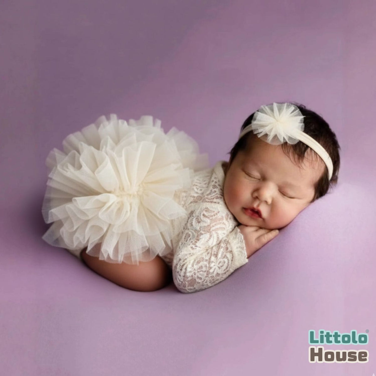 Baby Girl Flower Net Lace Romper with Headband O242 | 3M | Off White