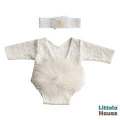 Baby Girl Flower Net Lace Romper with Headband O242 | 3M | Off White