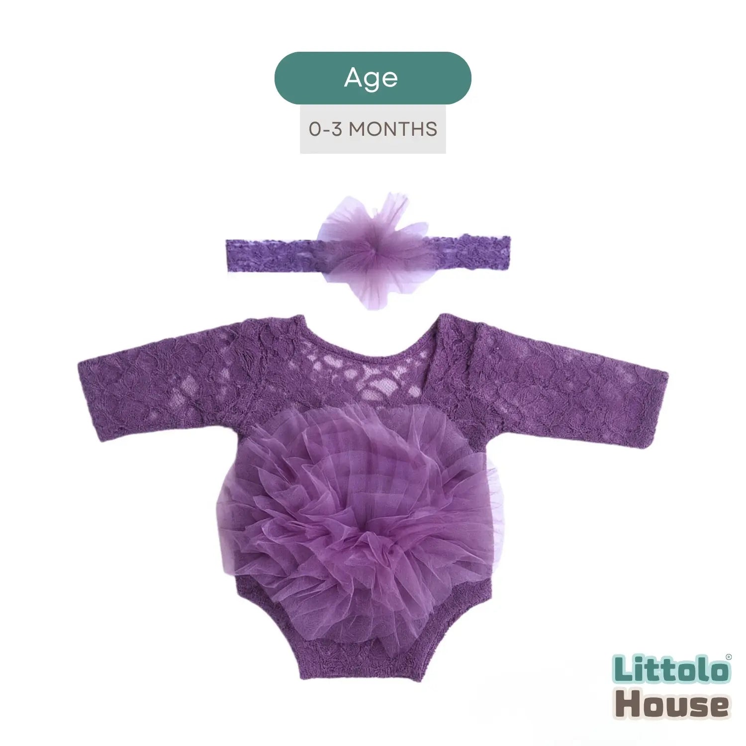 Baby Girl Flower Net Lace Romper with Headband O242 | 3M | Purple