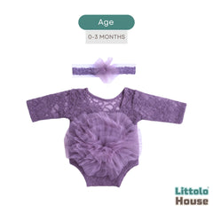 Baby Girl Flower Net Lace Romper with Headband O242 | 3M | Purple